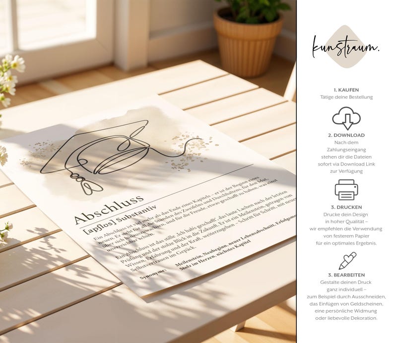 May include: A print featuring a minimalist line drawing of a graduation cap. The artwork is on a cream-colored paper and includes German text, including the word "Abschluss" (graduation). The print is displayed on a light-colored wooden surface.