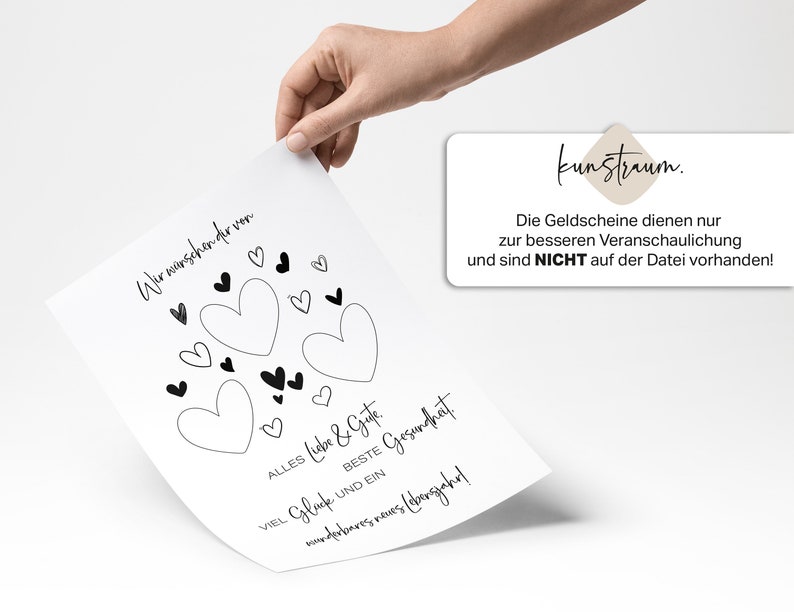 Puede incluir: Una tarjeta imprimible en blanco y negro con corazones y el texto "Wir w&uuml;nschen dir von VIEL Gl&uuml;ck & Gute Gesundheit" y "ALLES Liebe & Gute BESTE UND EIN wundersch&ouml;nes neues (Lebens)jahr!"
