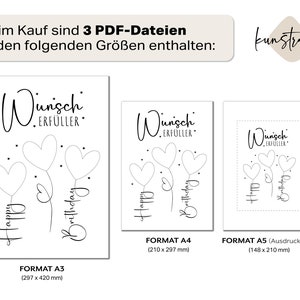 Darstellung von drei PDF-Dateien in verschiedenen Formaten, die beim Kauf enthalten sind. Oben ein Banner mit dem Text „Beim Kauf sind 3 PDF-Dateien in den folgenden Größen enthalten:“. Darunter die Formate A3 (297 × 420 mm), A4 (210 × 297 mm) und A5 (148 × 210 mm), jeweils mit der gleichen „Wunsch Erfüller“-Grafik. Rechts oben das Logo „kunstraum.“ auf beigem Hintergrund. Schlichtes, modernes Design auf weißem Hintergrund.