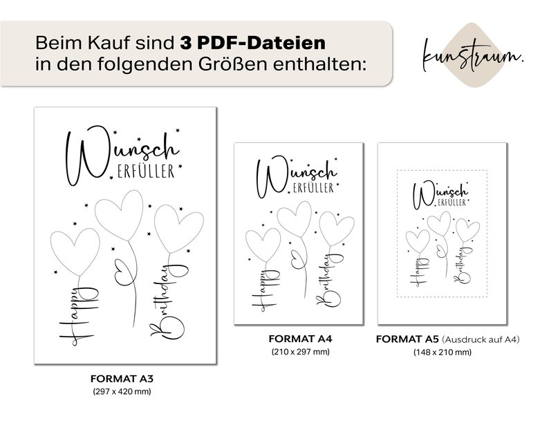 Darstellung von drei PDF-Dateien in verschiedenen Formaten, die beim Kauf enthalten sind. Oben ein Banner mit dem Text „Beim Kauf sind 3 PDF-Dateien in den folgenden Größen enthalten:“. Darunter die Formate A3 (297 × 420 mm), A4 (210 × 297 mm) und A5 (148 × 210 mm), jeweils mit der gleichen „Wunsch Erfüller“-Grafik. Rechts oben das Logo „kunstraum.“ auf beigem Hintergrund. Schlichtes, modernes Design auf weißem Hintergrund.