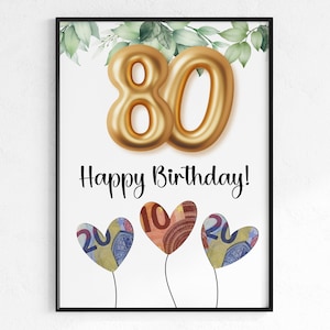 Geldgeschenk zum 80. Geburtstag | Wunscherfüller Geburtstagsgeschenk | kreative Geschenk Idee sofort Download PDF | Poster runder Geburtstag