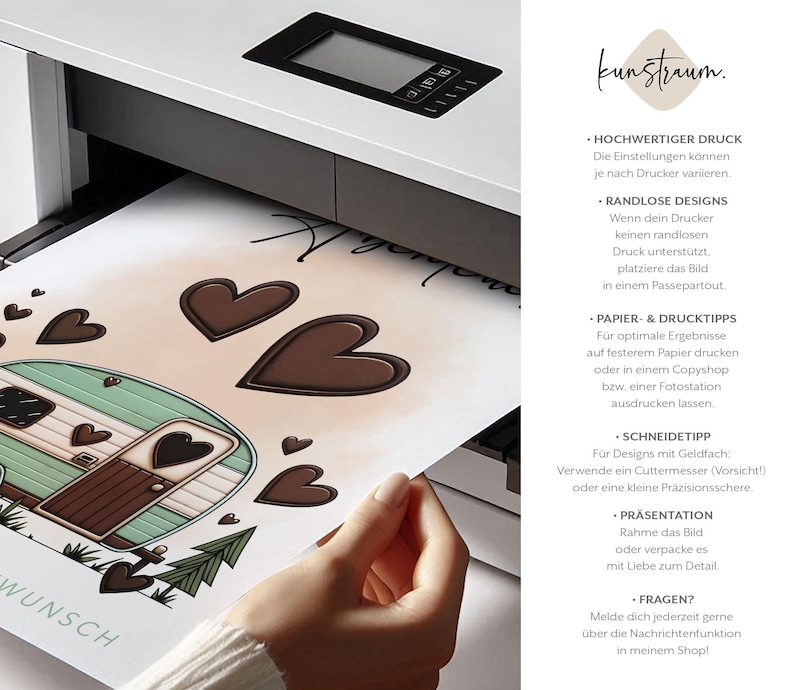 May include: A print of a teal and brown camper with heart accents and the word "Wunsch" on the bottom left. The print is being produced by a printer. Brown hearts are scattered across the print.