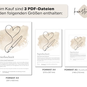 K&ouml;nnte beinhalten: Drei PDF-Dateien in den Gr&ouml;&szlig;en A3 (297 x 420 mm), A4 (210 x 297 mm) und A5 (148 x 210 mm). Jeder Druck zeigt eine Stiftzeichnung eines Herzens mit dem Wort "Papierhochzeit" und einer Definition. Der Hintergrund hat einen beigen Aquarell-Effekt.
