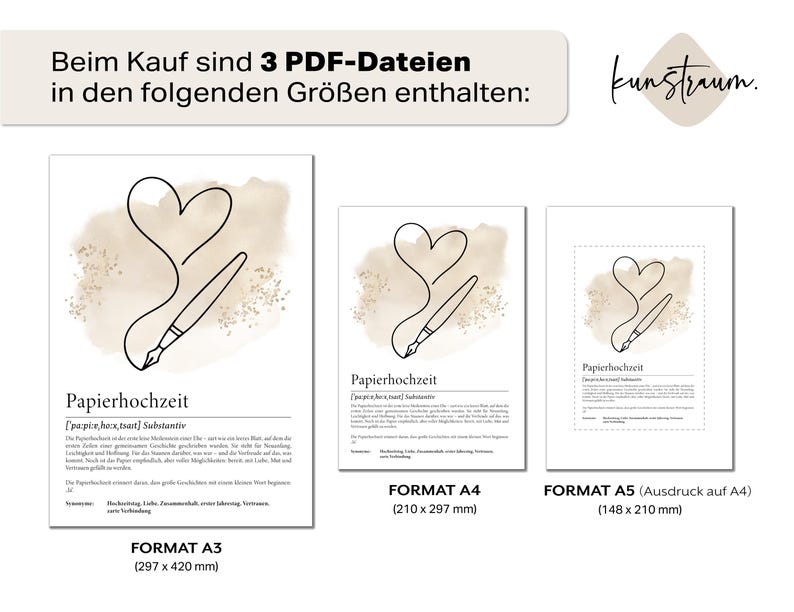 K&ouml;nnte beinhalten: Drei PDF-Dateien in den Gr&ouml;&szlig;en A3 (297 x 420 mm), A4 (210 x 297 mm) und A5 (148 x 210 mm). Jeder Druck zeigt eine Stiftzeichnung eines Herzens mit dem Wort "Papierhochzeit" und einer Definition. Der Hintergrund hat einen beigen Aquarell-Effekt.
