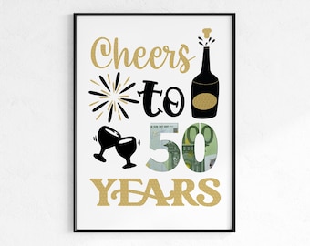 Geldgeschenk voor een 50e verjaardag | Proost op een 50e verjaardag | Direct PDF downloaden | Ronde verjaardagsposter