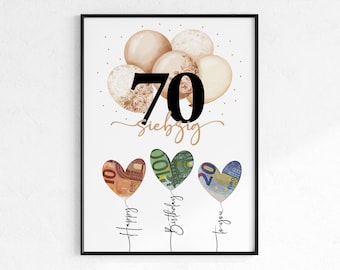 Cash gift for a 70th birthday | Wish-fulfilling birthday gift | Creative gift idea, instant PDF download | Round birthday poster