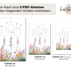 May include: Three printable PDF files of a birthday card design featuring a watercolor illustration of wildflowers and three dandelion wishes with the text "Happy Birthday to you". The card is available in three sizes: A3 (297 x 420 mm), A4 (210 x 297 mm), and A5 (148 x 210 mm).