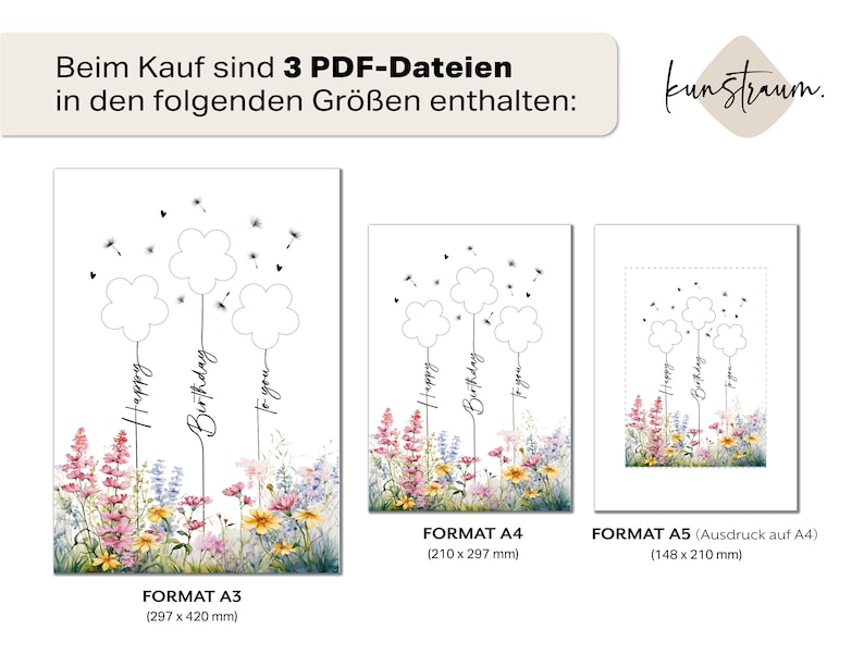 May include: Three printable PDF files of a birthday card design featuring a watercolor illustration of wildflowers and three dandelion wishes with the text "Happy Birthday to you". The card is available in three sizes: A3 (297 x 420 mm), A4 (210 x 297 mm), and A5 (148 x 210 mm).