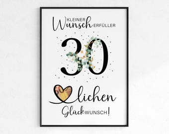 Geldgeschenk zum 30. Geburtstag | Wunscherfüller Geburtstagsgeschenk | kreative Geschenk Idee sofort Download PDF | Poster runder Geburtstag