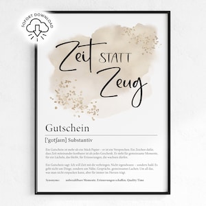 Puede incluir: Un cartel enmarcado con las palabras "Zeit statt Zeug" en escritura elegante, que significa "Tiempo en lugar de cosas". El diseño presenta un fondo de acuarela beige y motas doradas, con texto en alemán que describe un vale de regalo.