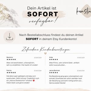 May include: A digital Etsy listing graphic with the text "Dein Artikel ist SOFORT verf&uuml;gbar!" and customer reviews. The graphic features a minimalist design with a neutral color palette and floral accents.