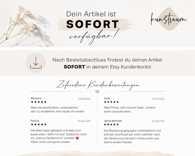 May include: A digital Etsy listing graphic with the text "Dein Artikel ist SOFORT verf&uuml;gbar!" and customer reviews. The graphic features a minimalist design with a neutral color palette and floral accents.