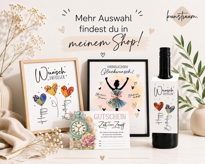 May include: A display of framed art prints, a wine bottle with a gift tag, and a gift certificate. The art features heart-shaped balloons with currency values and the words "Happy Birthday." The wine tag and art say "Wunsch Erf&uuml;ller." The text "Mehr Auswahl findest du in meinem Shop!" is also visible.