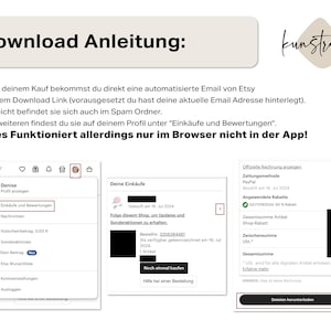 K&ouml;nnte beinhalten: Ein Screenshot einer Etsy-Kaufbest&auml;tigungsseite mit einem blau-wei&szlig;en Etsy-Logo, einem gr&uuml;nen H&auml;kchen und einem Button mit der Aufschrift "Dateien herunterladen". Der Text auf der Seite lautet "Offizielle Rechnung" und "Dateien herunterladen".