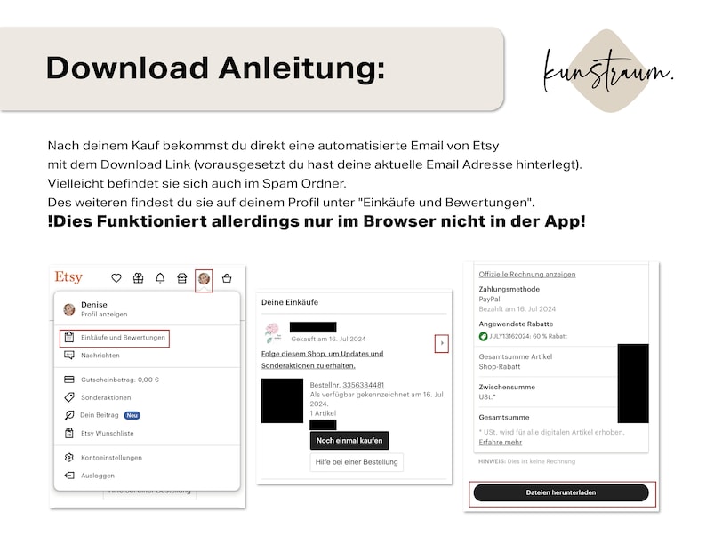 K&ouml;nnte beinhalten: Ein Screenshot einer Etsy-Kaufbest&auml;tigungsseite mit einem blau-wei&szlig;en Etsy-Logo, einem gr&uuml;nen H&auml;kchen und einem Button mit der Aufschrift "Dateien herunterladen". Der Text auf der Seite lautet "Offizielle Rechnung" und "Dateien herunterladen".
