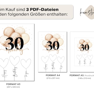 May include: A set of three birthday cards with a balloon design. Each card features the number "30" with the word "drei&szlig;ig" underneath. The cards are available in A3 (11.7 x 16.5 inches), A4 (8.3 x 11.7 inches), and A5 (5.8 x 8.3 inches) sizes.