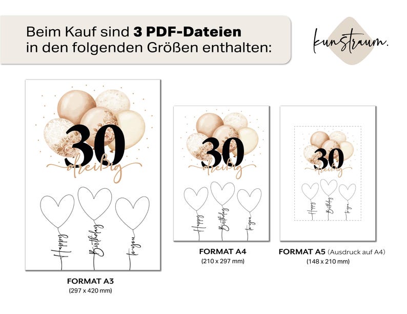 May include: A set of three birthday cards with a balloon design. Each card features the number "30" with the word "drei&szlig;ig" underneath. The cards are available in A3 (11.7 x 16.5 inches), A4 (8.3 x 11.7 inches), and A5 (5.8 x 8.3 inches) sizes.