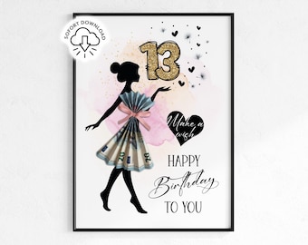May include: A framed print with a black border features a silhouette of a woman holding a dress made of money. The number "13" is in gold glitter, with the words "Make a wish" and "Happy Birthday to You".