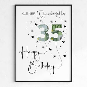 May include: A framed print with the words "Happy Birthday" in elegant script. The number "35" is prominently displayed, filled with a money-like design, and surrounded by hearts and dandelion-like accents. The text "Kleiner Wunscherfüller" is at the top.