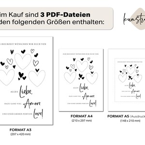 May include: Three printable PDF files for a wedding sign with the text "Zur Hochzeit w&uuml;nschen wir euch von alles Liebe, Amore Love!" in black text on a white background. The sign features a heart design with smaller hearts surrounding a large heart. The sign is available in three sizes: A3 (297 x 420 mm), A4 (210 x 297 mm), and A5 (148 x 210 mm).