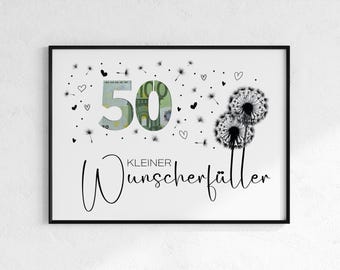 Cash gift for a 50th birthday | Wish-fulfilling birthday gift | Creative gift idea | Digital PDF download | Round birthday poster