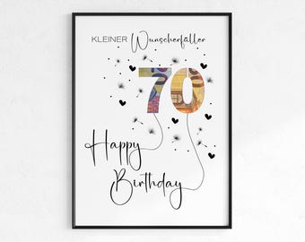 Cash gift for 70th birthday | Wish-fulfilling birthday gift | creative gift idea immediate download PDF | Poster round birthday