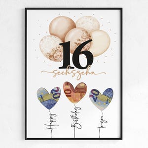 Idée cadeau pour un 16e anniversaire en espèces | Ballon cadeau d'anniversaire | Idée cadeau téléchargement instantané PDF | Affiche Cadeau d'anniversaire Argent