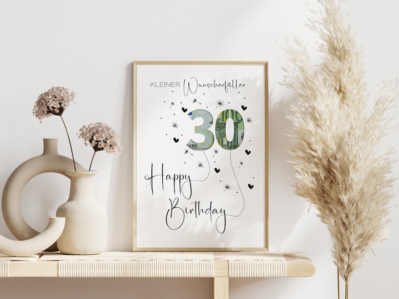 Peut inclure: Une carte imprimable blanche avec le texte "KLEINER Wunscherraller" et "Happy Birthday" avec un 30 fait d'un billet d'euro.