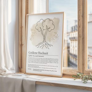 Digitales Poster zur Goldenen Hochzeit mit minimalistischer Lineart-Zeichnung zweier Bäume mit verflochtenen Wurzeln. Ergänzt durch eine gefühlvolle Definition des Begriffs. Ideal als Geschenk zum 50. Ehejubiläum. PDF-Download in A3, A4 und A5 zum Ausdrucken für Bilderrahmen oder Karten.