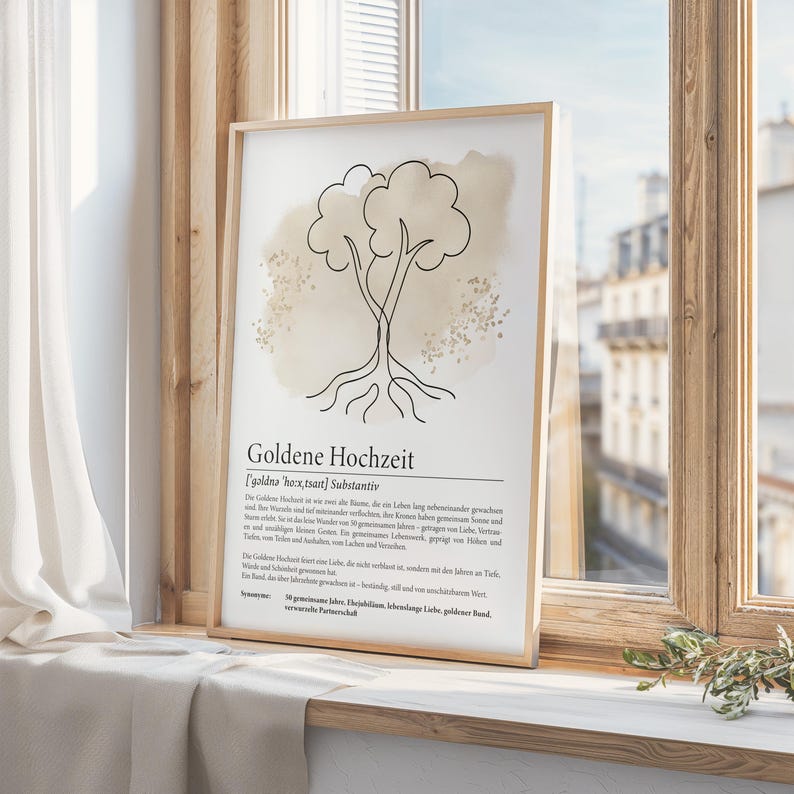 Digitales Poster zur Goldenen Hochzeit mit minimalistischer Lineart-Zeichnung zweier Bäume mit verflochtenen Wurzeln. Ergänzt durch eine gefühlvolle Definition des Begriffs. Ideal als Geschenk zum 50. Ehejubiläum. PDF-Download in A3, A4 und A5 zum Ausdrucken für Bilderrahmen oder Karten.