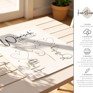 May include: A white card with black script that reads "Wunsch Erf&uuml;ller" and "Happy Birthday." The design includes heart-shaped balloons and stars. The card is on a light-colored wooden surface.