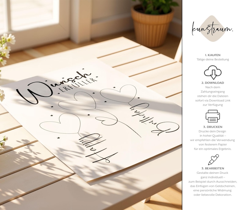 May include: A white card with black script that reads "Wunsch Erf&uuml;ller" and "Happy Birthday." The design includes heart-shaped balloons and stars. The card is on a light-colored wooden surface.