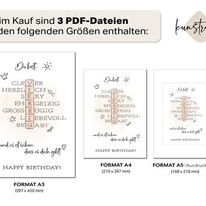 Peut inclure: Trois fichiers PDF imprimables d'une carte d'anniversaire avec une grille de mots crois&eacute;s. La carte comporte le texte "Du bist" (Tu es) et les mots "intelligent, sexy, g&eacute;n&eacute;reux, aimant et talentueux" en allemand. La carte est disponible en trois tailles&nbsp;: A3 (297 x 420 mm), A4 (210 x 297 mm) et A5 (148 x 210 mm).