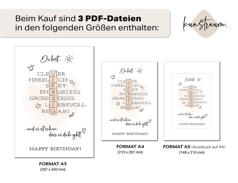 Peut inclure: Trois fichiers PDF imprimables d'une carte d'anniversaire avec une grille de mots crois&eacute;s. La carte comporte le texte "Du bist" (Tu es) et les mots "intelligent, sexy, g&eacute;n&eacute;reux, aimant et talentueux" en allemand. La carte est disponible en trois tailles&nbsp;: A3 (297 x 420 mm), A4 (210 x 297 mm) et A5 (148 x 210 mm).