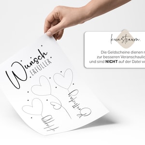 Eine Hand hält ein gedrucktes Blatt mit dem Schriftzug „Wunscherfüller“ und drei herzförmigen Ballons, die mit feinen Linien verbunden sind. Die Ballons sind leer, ohne Geldscheine. Daneben eine Infobox mit dem Hinweis, dass die Geldscheine nur zur Veranschaulichung dienten und nicht in der Datei enthalten sind. Schlichtes, modernes Design auf weißem Hintergrund.