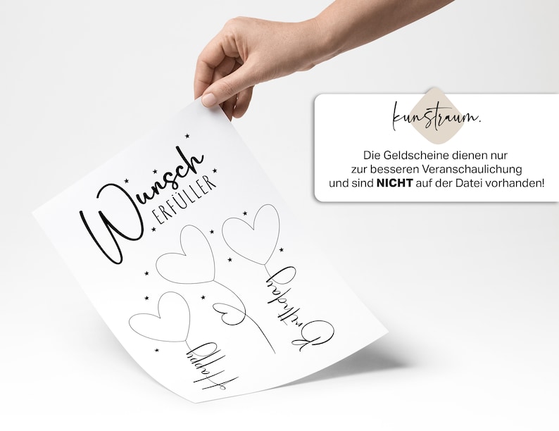 Eine Hand hält ein gedrucktes Blatt mit dem Schriftzug „Wunscherfüller“ und drei herzförmigen Ballons, die mit feinen Linien verbunden sind. Die Ballons sind leer, ohne Geldscheine. Daneben eine Infobox mit dem Hinweis, dass die Geldscheine nur zur Veranschaulichung dienten und nicht in der Datei enthalten sind. Schlichtes, modernes Design auf weißem Hintergrund.
