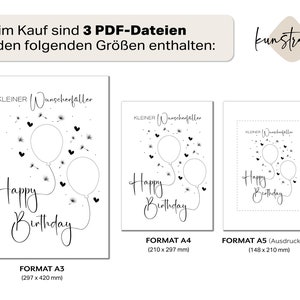 K&ouml;nnte beinhalten: Drei druckbare Geburtstagskarten in verschiedenen Gr&ouml;&szlig;en: A3 (297 x 420 mm), A4 (210 x 297 mm) und A5 (148 x 210 mm). Jede Karte zeigt ein Schwarzwei&szlig;-Design mit dem Text "Happy Birthday" und Ballons mit L&ouml;wenzahnsamen.