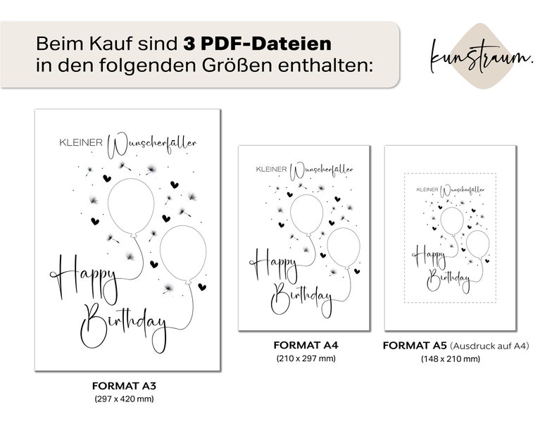 K&ouml;nnte beinhalten: Drei druckbare Geburtstagskarten in verschiedenen Gr&ouml;&szlig;en: A3 (297 x 420 mm), A4 (210 x 297 mm) und A5 (148 x 210 mm). Jede Karte zeigt ein Schwarzwei&szlig;-Design mit dem Text "Happy Birthday" und Ballons mit L&ouml;wenzahnsamen.