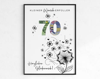 Cash gift for a 70th birthday | Wish-fulfilling birthday gift | Creative gift idea, instant PDF download | Round birthday poster