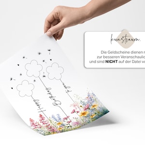 May include: A printable card with three blank circles, each with a stem and a word written below. The words are "Happy", "Birthday", and "wish list". The card is decorated with a watercolor illustration of flowers and dandelions.