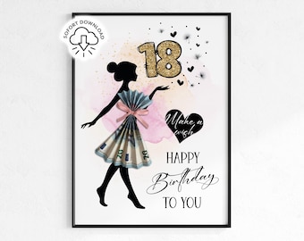 May include: A framed birthday print featuring a silhouette of a person in a dress made of folded money, with the number 18 in gold glitter. The words "Make a wish" and "Happy Birthday to You" are also included.