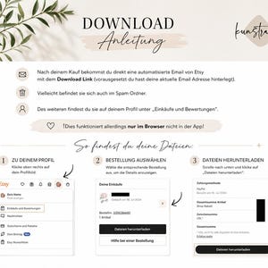 May include: A digital download instruction guide with text in German. The guide includes steps on how to download files from Etsy after purchase. The image features a neutral color palette with a decorative plant and the Etsy logo.