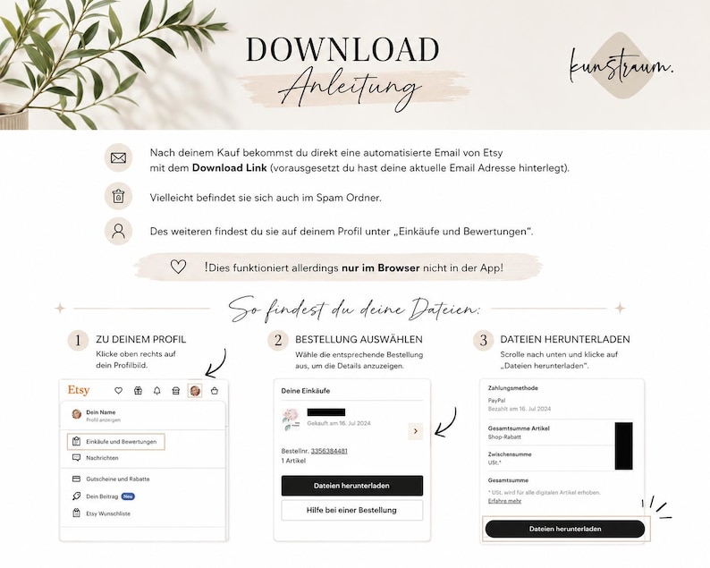 May include: A digital download instruction guide with text in German. The guide includes steps on how to download files from Etsy after purchase. The image features a neutral color palette with a decorative plant and the Etsy logo.