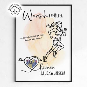 Könnte beinhalten: Gerahmter Druck mit einer Strichzeichnung einer Läuferin, einem Herz mit einem 20-Euro-Schein und deutschem Text. Der Hintergrund hat einen Aquarell-Effekt in Gelb und Rosa. Der Text enthält "Wunsch ERFÜLLER" und "lichen GLÜCKWUNSCH!"