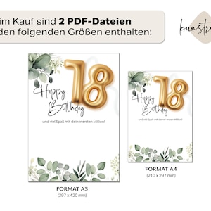 May include: Two printable PDF files of a birthday card featuring a gold balloon number 18 with the text "Happy Birthday" and green foliage. The card is available in two sizes: 29.7 cm x 42 cm and 21 cm x 29.7 cm.
