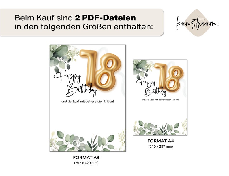 May include: Two printable PDF files of a birthday card featuring a gold balloon number 18 with the text "Happy Birthday" and green foliage. The card is available in two sizes: 29.7 cm x 42 cm and 21 cm x 29.7 cm.
