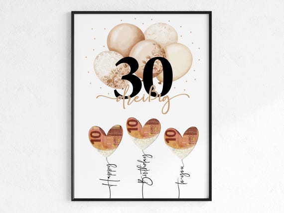Geldgeschenk zum 30. Geburtstag | Wunscherfüller Geburtstagsgeschenk | kreative Geschenk Idee sofort Download PDF | Poster runder Geburtstag