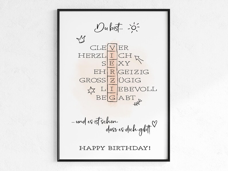 Peut inclure: Une carte imprimable blanche avec un fond aquarelle rose et du texte noir. Le texte dit "Du bist..." suivi d'une liste de mots qui &eacute;pellent "clever, herzlich, sexy, ehrgeizig, grossz&uuml;gig, liebevoll, begabt". La carte comprend &eacute;galement une couronne, un soleil, une &eacute;toile et un c&oelig;ur. Le texte au bas de la carte dit "...und es ist sch&ouml;n, dass es dich gibt! Happy Birthday!"