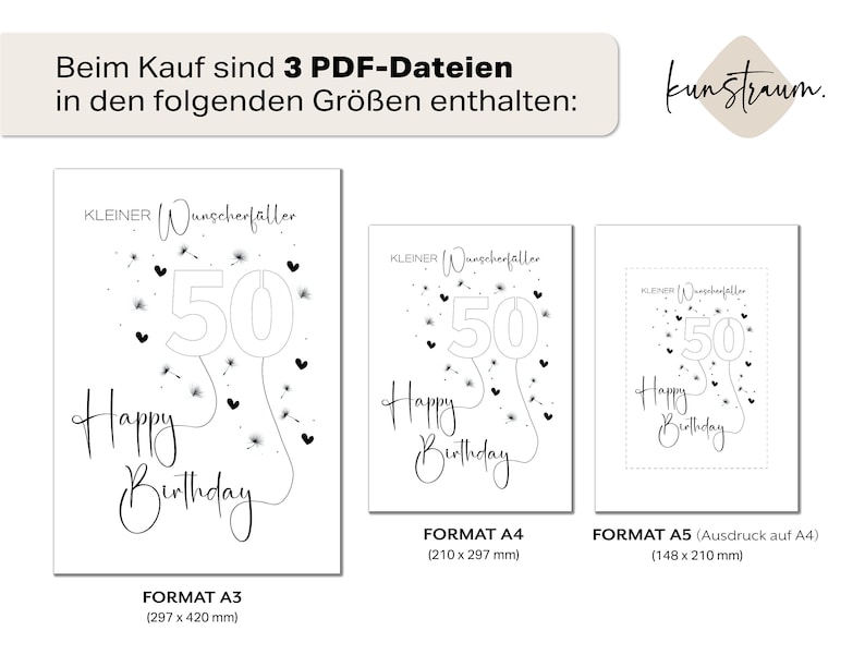 May include: Three black and white printable birthday card designs featuring a balloon with the number 50 and the text "Happy Birthday". The cards are available in three sizes: A3 (297 x 420 mm), A4 (210 x 297 mm), and A5 (148 x 210 mm).