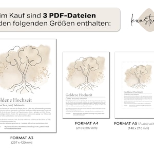 K&ouml;nnte beinhalten: Drei digitale Kunstdrucke mit einem minimalistischen Baumdesign und dem deutschen Text "Goldene Hochzeit" (Goldene Hochzeit). Die Drucke sind in den Gr&ouml;&szlig;en A3 (29,7 x 42 cm), A4 (21 x 29,7 cm) und A5 (14,8 x 21 cm) erh&auml;ltlich.